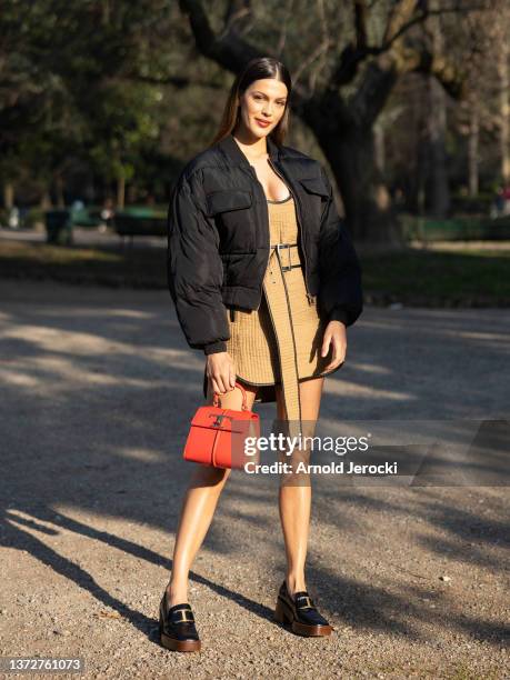 Iris Mittenaere is seen during the Milan Fashion Week Fall/Winter 2022/2023 on February 25, 2022 in Milan, Italy.