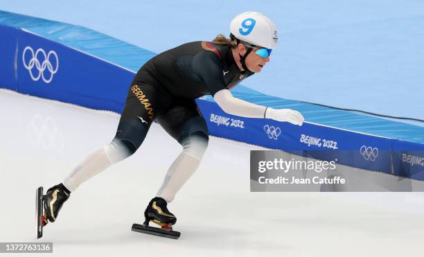 Claudia Pechstein of Germany during the Women's Mass Start Speed Skating on day fifteen of the Beijing 2022 Winter Olympic Games at National Speed...