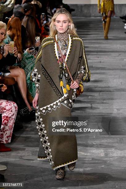 Model walks the runway at the Etro fashion show during the Milan Fashion Week Fall/Winter 2022/2023 on February 25, 2022 in Milan, Italy.