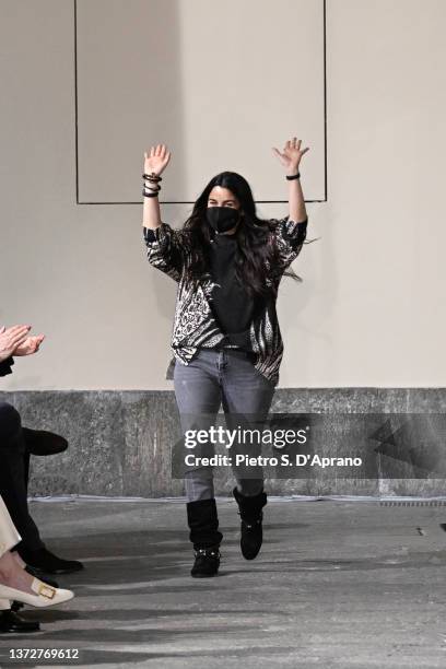 Fashion designer Veronica Etro acknowledges the applause of the audience at the Etro fashion show during the Milan Fashion Week Fall/Winter 2022/2023...