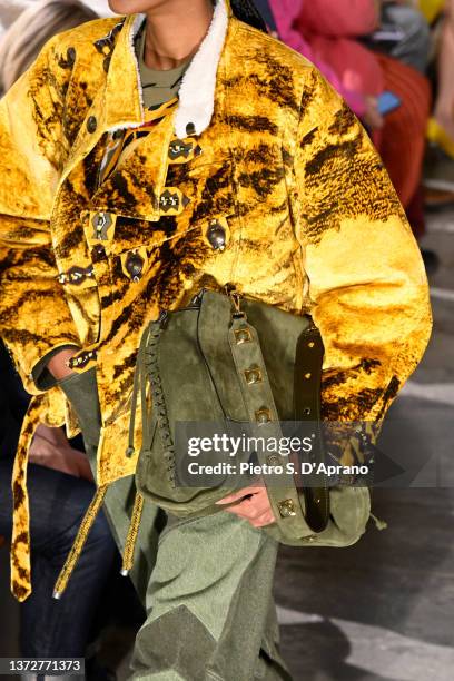 Model, fashion detail, walks the runway at the Etro fashion show during the Milan Fashion Week Fall/Winter 2022/2023 on February 25, 2022 in Milan,...