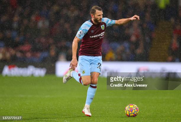 Erik Pieters of Burnley during the Premier League match between Burnley and Tottenham Hotspur at Turf Moor on February 23, 2022 in Burnley, England.