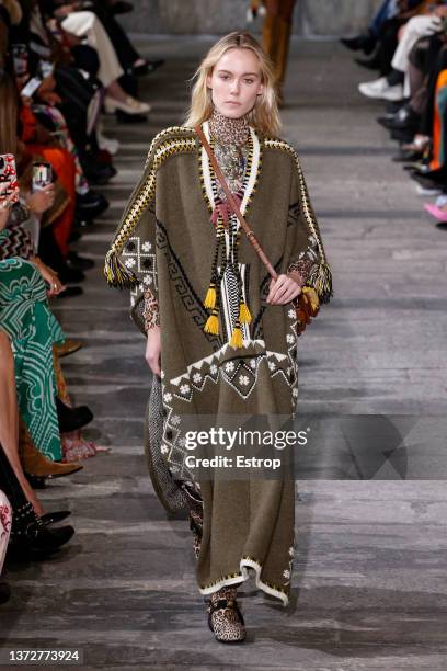 Model walks the runway at the Etro fashion show during the Milan Fashion Week Fall/Winter 2022/2023 on February 25, 2022 in Milan, Italy.