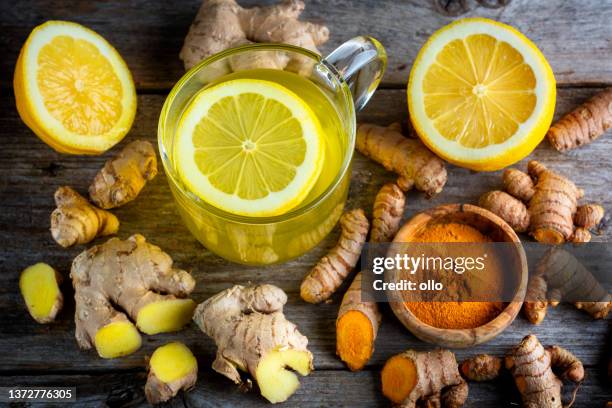 curcuma longa, curcuma e zenzero, polvere, rizomi e tè - curcuma longa plant foto e immagini stock