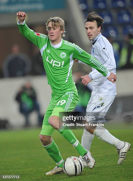 Rasmus Jonsson of Wolfsburg in action during a friendly match between 1. FC Magdeburg and VfL Wolfsburg at the MDCC Arena on January 18, 2012 in...