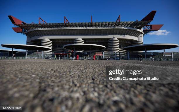 General view outside the stadium prior to dthe Serie A match between AC Milan and Udinese Calcio at Stadio Giuseppe Meazza on February 25, 2022 in...