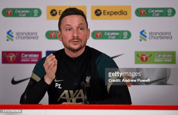 Pepijn Lijnders assistant manager of Liverpool during a press conference at AXA Training Centre on February 25, 2022 in Kirkby, England.