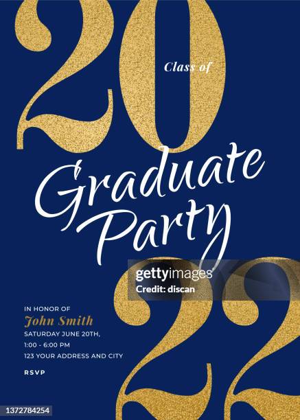 graduation class of 2022. party invitation. greeting cards with golden glitter. - varsity jacket stock illustrations