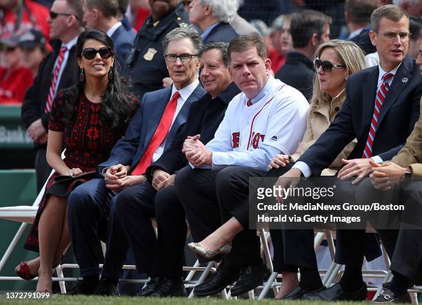 Linda Pizzuti, Sox owner John Henry, owner Tom Werner, Mayor Marty Walsh, his girlfriend Lorrie Higgins and Sox president Sam Kennedy at the Boston...