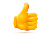 Vector illustration of yellow color thumb up emoticon on white background. 3d style design of approval emoji