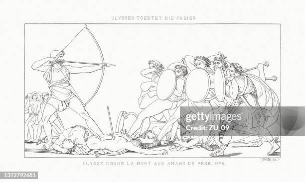 ulysses tötet die freier (odyssee), stahlstich, veröffentlicht 1833 - homer stock-grafiken, -clipart, -cartoons und -symbole
