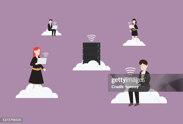 business people working with cloud computing - computer programmer team stock illustrations