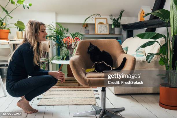 a side view of a beautiful blonde woman smiling while looking at her cute black cat sitting in her office chair at home - black hairy women bildbanksfoton och bilder