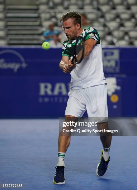 Peter Gojowczyk of Germany plays a backhand shot during a match between Cameron Norrie of Great Britain and Peter Gojowczyk of Germany as part of day...