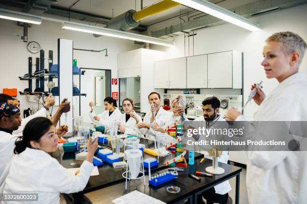 laboratory tutor explaining experiment procedures to class - modern laboratory stock pictures, royalty-free photos & images