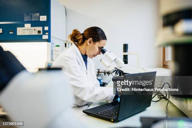 medical student concentrating while using microscope - biochemie stock-fotos und bilder