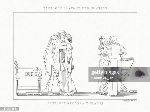 das treffen von odysseus und penelope (odyssee), stahlstich, 1833 - homer stock-grafiken, -clipart, -cartoons und -symbole