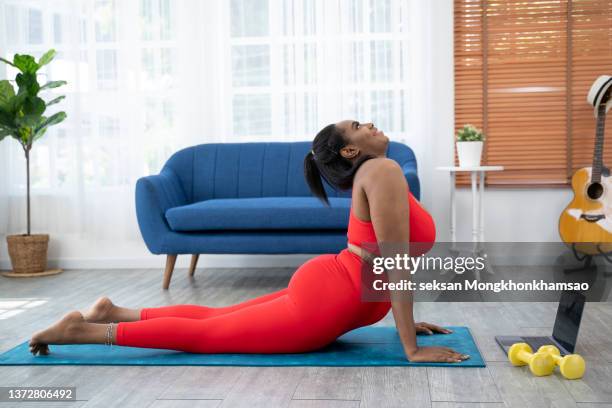 plus size afro lady working out at home with online personal trainer, using laptop, standing in elbow plank pose - core strength stock pictures, royalty-free photos & images