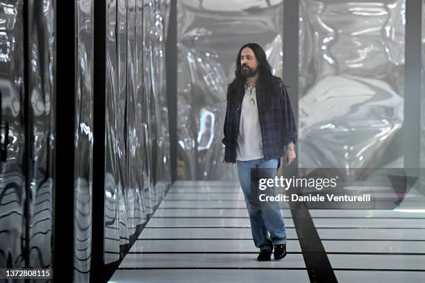 Designer Alessandro Michele acknowledges the applause of the audience at the runway at the Gucci show during Milan Fashion Week Fall/Winter 2022/23...