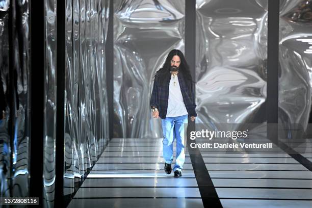 Designer Alessandro Michele acknowledges the applause of the audience at the runway at the Gucci show during Milan Fashion Week Fall/Winter 2022/23...