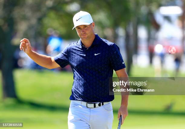 Alex Noren of Sweden reacts to his birdie putt on the ninth hole during the second round of The Honda Classic at PGA National Resort And Spa on...