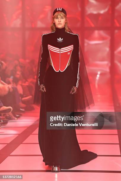 Model walks the runway at the Gucci show during Milan Fashion Week Fall/Winter 2022/23 on February 25, 2022 in Milan, Italy.