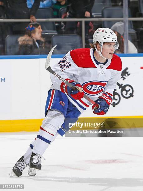 Cole Caufield of the Montreal Canadiens skates during the first period against the New York Islanders at UBS Arena on February 20, 2022 in Elmont,...