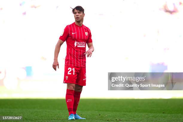 Oliver Torres of Sevilla FC during the LaLiga Santander match between RCD Espanyol and Sevilla FC at RCDE Stadium on February 20, 2022 in Barcelona,...