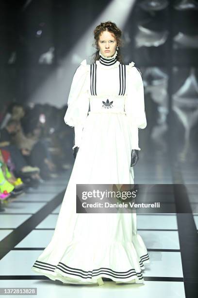 Model walks the runway at the Gucci show during Milan Fashion Week Fall/Winter 2022/23 on February 25, 2022 in Milan, Italy.