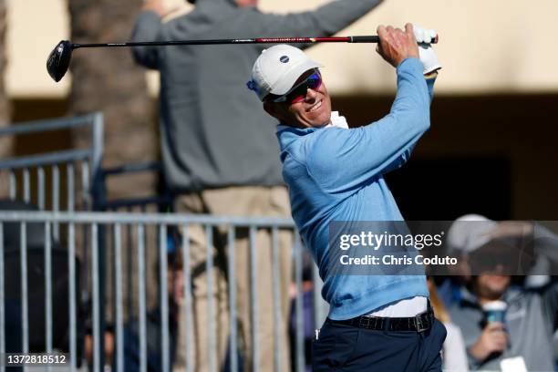 John Senden tees off on the first hole during the first round of the Cologuard Classic at Omni Tucson National on February 25, 2022 in Tucson,...