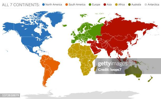 detailed world map divided into all seven continents - accurate & correct version - north stock illustrations