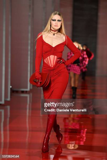 Gigi Hadid walks the runway at the Versace fashion show during the Milan Fashion Week Fall/Winter 2022/2023 on February 25, 2022 in Milan, Italy.