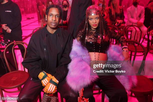 Asap Rocky and Rihanna are seen at the Gucci show during Milan Fashion Week Fall/Winter 2022/23 on February 25, 2022 in Milan, Italy.