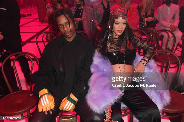 Asap Rocky and Rihanna are seen at the Gucci show during Milan Fashion Week Fall/Winter 2022/23 on February 25, 2022 in Milan, Italy.