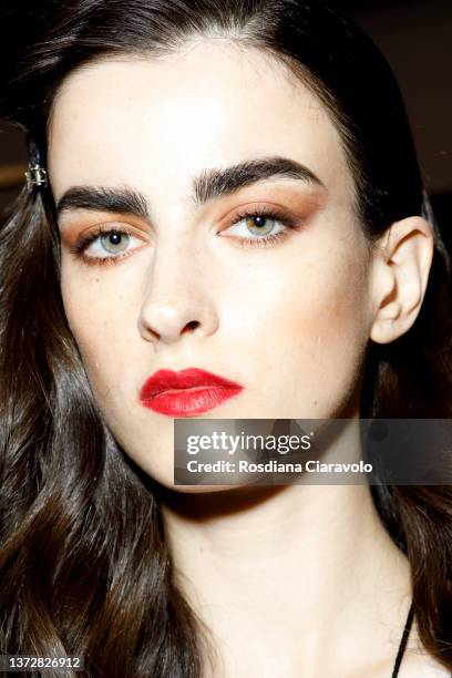 Model poses backstage of the Elisabetta Franchi fashion show during the Milan Fashion Week Fall/Winter 2022/2023 on February 25, 2022 in Milan, Italy.