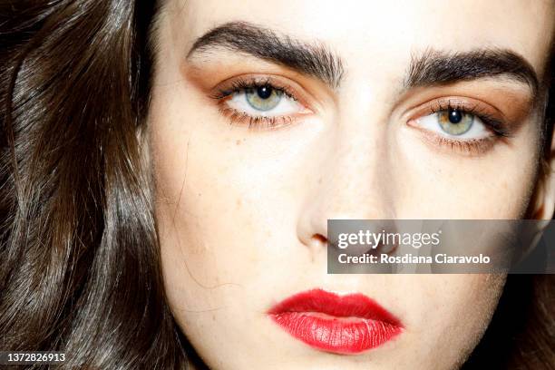 Model poses backstage of the Elisabetta Franchi fashion show during the Milan Fashion Week Fall/Winter 2022/2023 on February 25, 2022 in Milan, Italy.