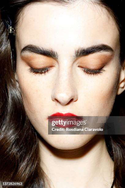 Model poses backstage of the Elisabetta Franchi fashion show during the Milan Fashion Week Fall/Winter 2022/2023 on February 25, 2022 in Milan, Italy.