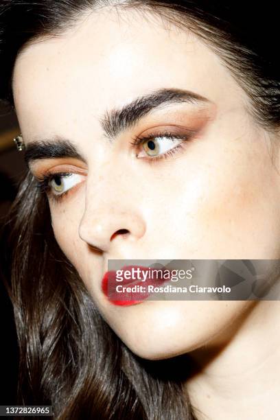Model poses backstage of the Elisabetta Franchi fashion show during the Milan Fashion Week Fall/Winter 2022/2023 on February 25, 2022 in Milan, Italy.
