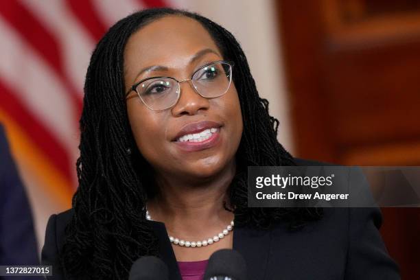 Ketanji Brown Jackson, circuit judge on the U.S. Court of Appeals for the District of Columbia Circuit, makes brief remarks after U.S. President Joe...