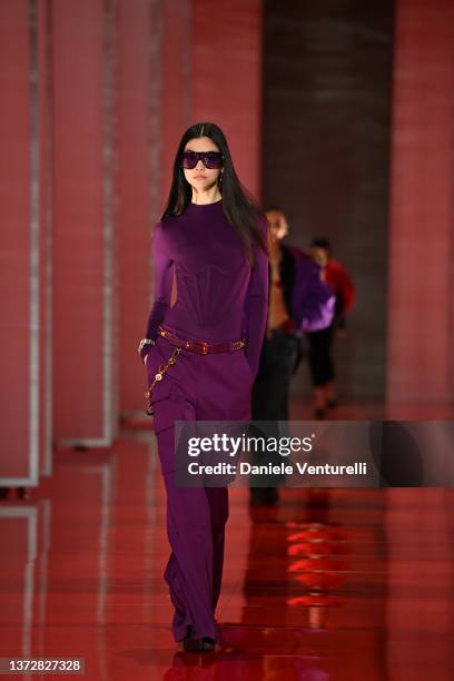 Model walks the runway at the Versace fashion show during the Milan Fashion Week Fall/Winter 2022/2023 on February 25, 2022 in Milan, Italy.