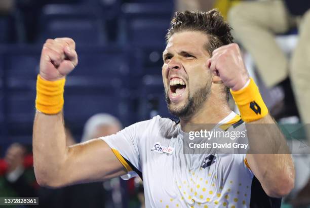 Jiri Vesely of Czech Republic celebrates after defeating Denis Shapovalov of Canada in their semi-final match during day 12 of the Dubai Duty Free...