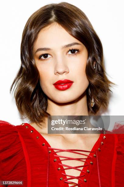 Model poses backstage of the Elisabetta Franchi fashion show during the Milan Fashion Week Fall/Winter 2022/2023 on February 25, 2022 in Milan, Italy.