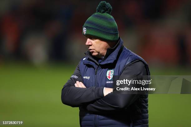 Declan Kidney the Director of Rugby at London Irish looks on prior to the Gallagher Premiership Rugby match between Sale Sharks and London Irish at...