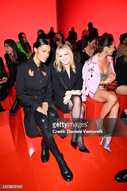 Tina Kunakey and Kylie Minogue are seen on the front row of the Versace fashion show during the Milan Fashion Week Fall/Winter 2022/2023 on February...