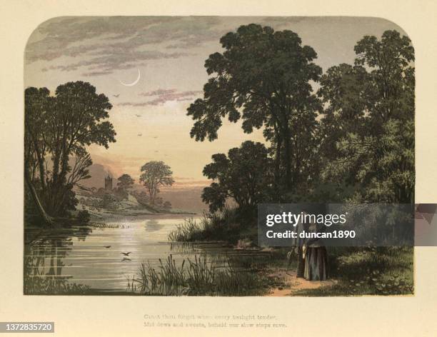 young couple in love, walking by river, in twilight, victorian, 19th century - old england stock illustrations