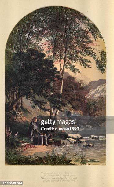 young couiple in love holding hands by river, victorian art, 19th century - couple archival stock illustrations