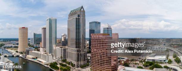 aerial view of downtown tampa skyline over the hillsborough river on a summer day. extra-large, high-resolution stitched panorama. - conference centre exterior stock pictures, royalty-free photos & images