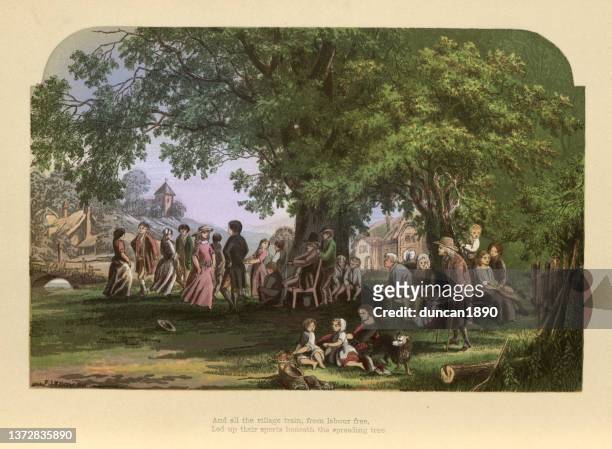 villagers dancing, playing, under the old oak tree, traditional english scene, victorian, 19th century - england landscape stock illustrations