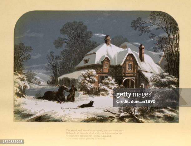 traveller struggling to return home through deep snow, horse and dog, victorian, 19th century - stuck in the past stock illustrations