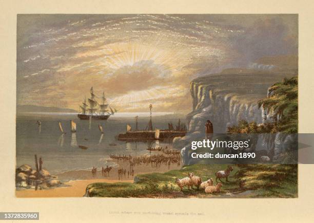 ships boats at anchor in bay, beach, shepherd, victorian art, 19th century - heritage stock illustrations